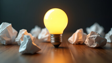 A glowing lightbulb on a wooden desk surrounded by crumpled paper balls. Symbolizes creativity, innovation, and the emergence of a brilliant idea after trial and error.