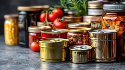 Array of canned food products neatly arranged on a table ready for cooking and meal preparation