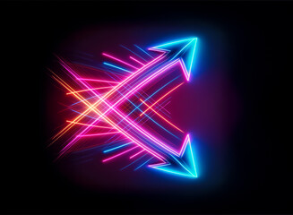Fototapeta premium Bright, glowing neon arrows with dynamic light trails streak across a dark backdrop, pointing in opposing directions.