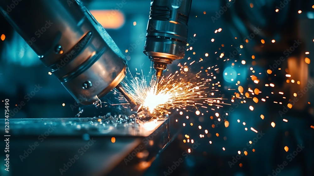Poster automated drilling sparks metal machining in action with cnc machine