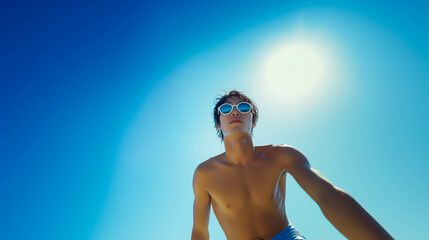 青空の下、下に有るものを拾おうとする水着姿の日本人男性