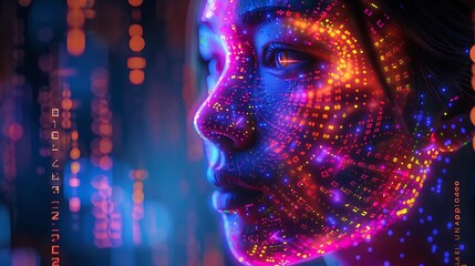 A hyper-realistic AI-generated digital portrait of a futuristic humanoid with glowing neon cybernetic patterns on the skin, half-human half-machine, with a vibrant holographic background of 