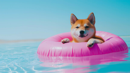 青空の下、ピンク色の浮き輪に掴まり、海に浮かぶ柴犬