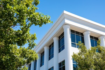 Elegant White Building Facade with Classic Columns Against Blue Sky Framed by Lush Green Tree