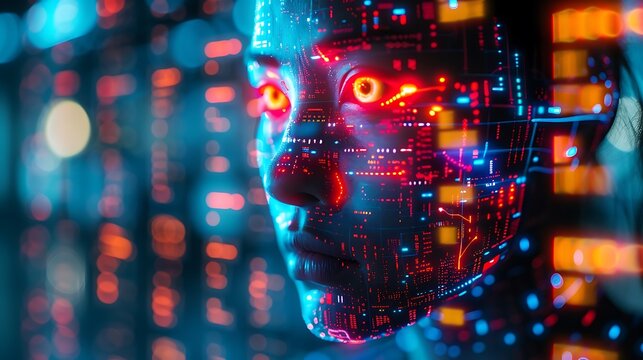 A hyper-realistic AI-generated digital portrait of a futuristic humanoid with glowing neon cybernetic patterns on the skin, half-human half-machine, with a vibrant holographic background of 