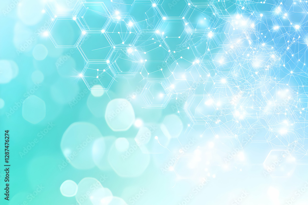 Poster abstract teal and white background with hexagonal network and bokeh lights; perfect for technology, 