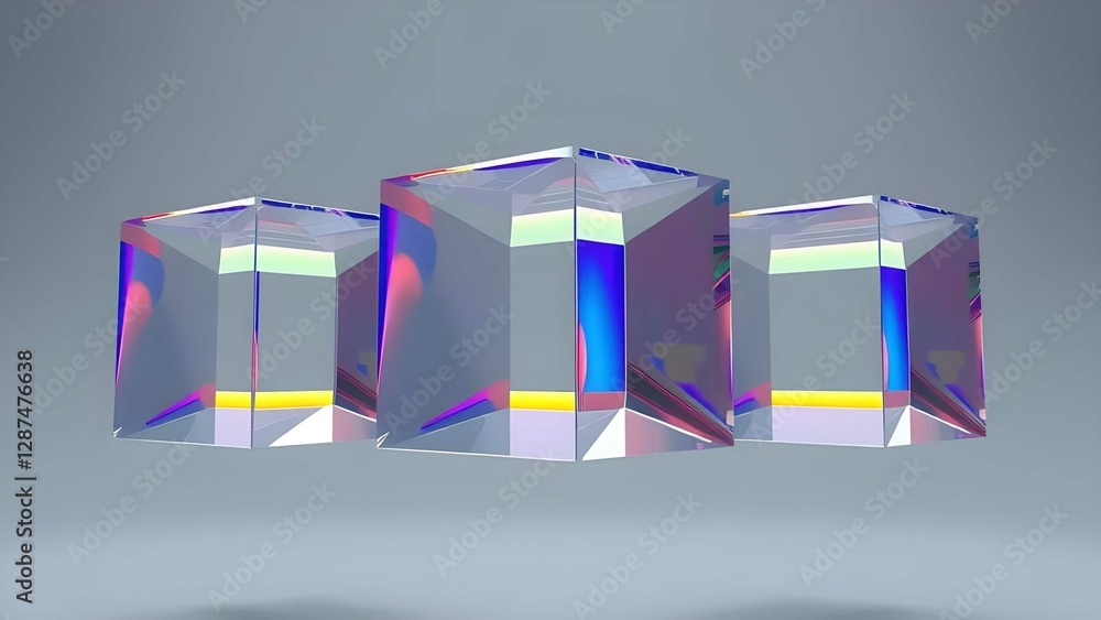 Aufkleber transparent cubes floating in empty space, reflecting rainbow light with a prismatic effect, modern 