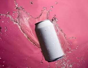 White soda can mockup photo splash of water product photo pink backdrop floating in the air