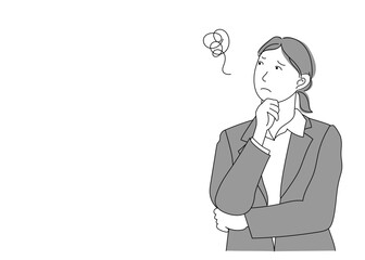 腕組みして考えるビジネスウーマン女性のイラストともやもやマーク 上半身正面