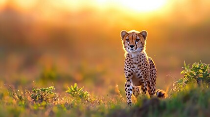 Captivating cheetah cub portrait in golden light on savanna grassland with vibrant sunset background wildlife photography