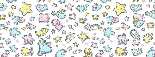 Cute pastel pattern with stars, animals, and playful shapes