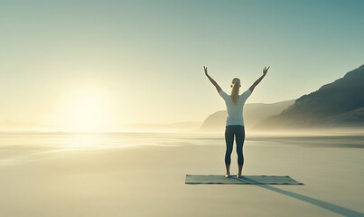 Woman yoga on beach sunrise