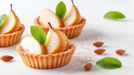 Mini spiced pear tartlets, with almond crust and spiced filling, delicate texture illustration, isolated on white background