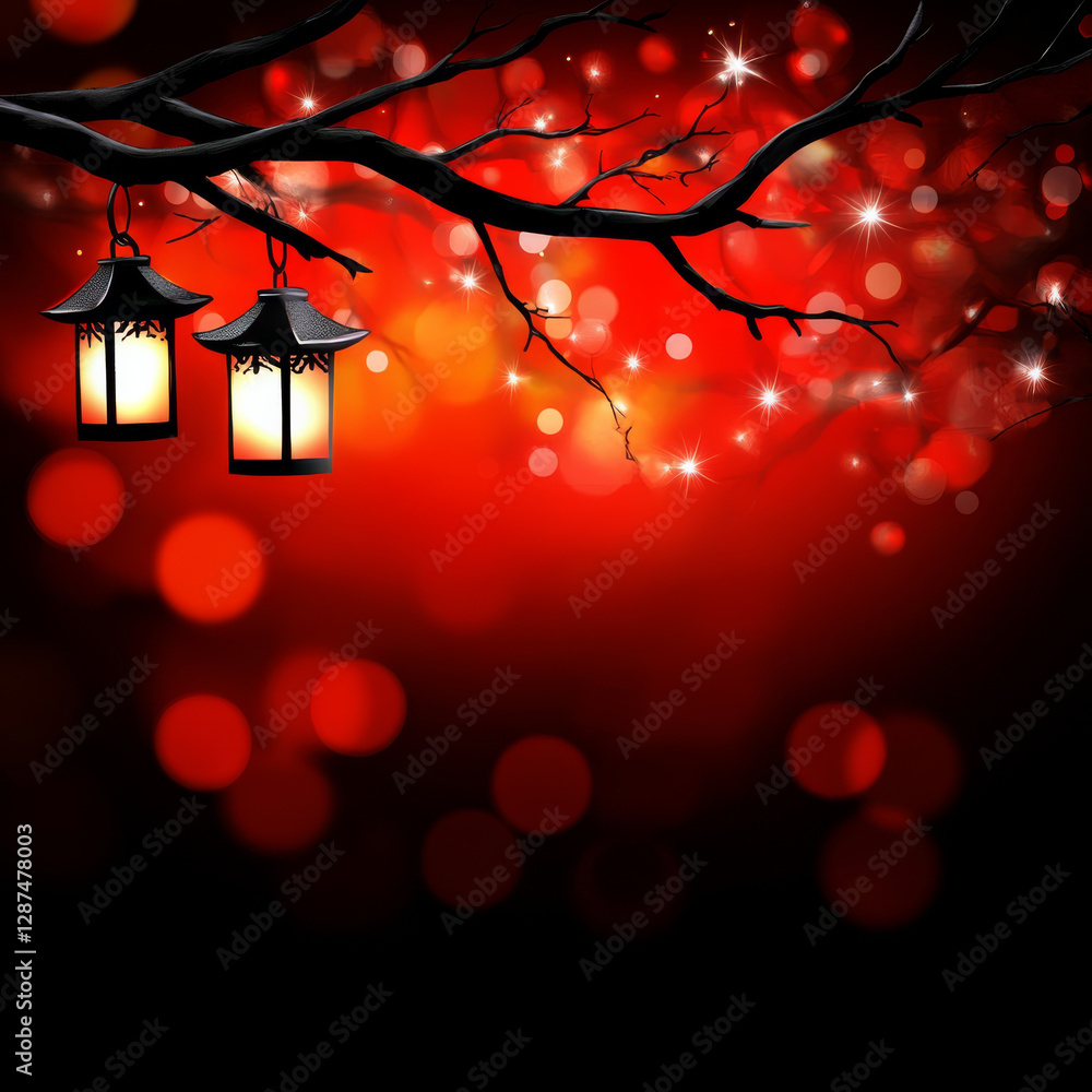Poster red lanterns hanging on branches with glowing bokeh lights create festive atmosphere