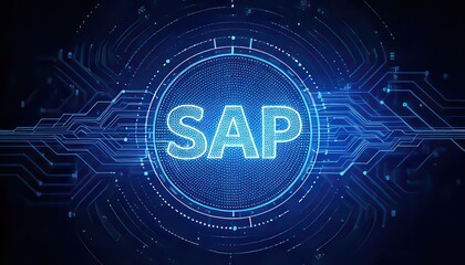 Illuminated SAP logo on a dark background with digital circuit patterns.