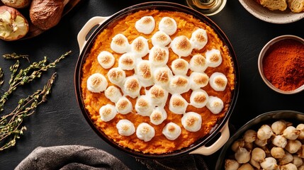 Overhead shot of a holiday feast highlighting sweet potato casserole with a golden marshmallow layer, surrounded by Thanksgiving side dishes, vibrant colors