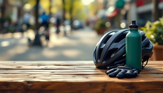 A table showcases a bicycle helmet, gloves, and a water bottle, set against a soft background that suggests springtime cycling activities