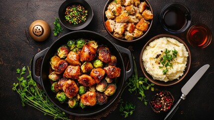 Overhead view of caramelized Brussels sprouts on a rustic table surrounded by turkey, mashed potatoes, and a bowl of stuffing, cozy atmosphere