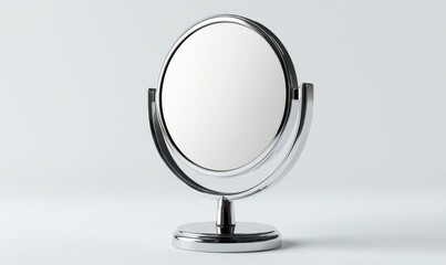 Round vanity mirror on stand against white background for beauty or makeup