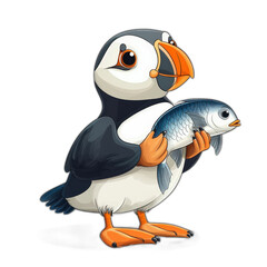 Naklejka premium A charming puffin mid-flight, holding a fish in its beak, against a transparent background. It faces right, head tilted left, showcasing detailed plumage and bright eyes
