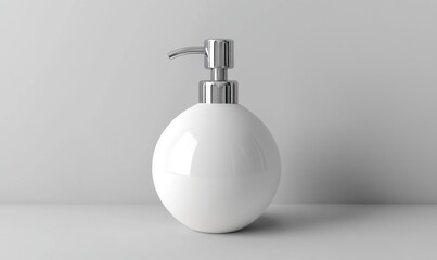 Round white soap dispenser on white surface, minimalist bathroom