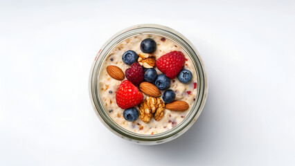 overnight oats nutrition wholesome fiber meal prep low calorie A jar of oatmeal topped with fresh berries and nuts on a clean surface.