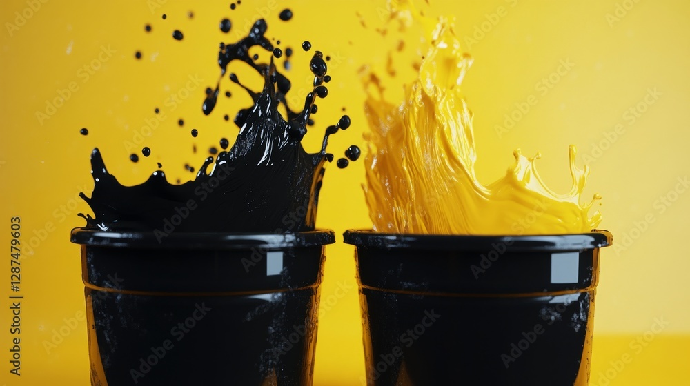 Poster two black buckets with splashing black and yellow paint against a yellow background. dynamic abstrac