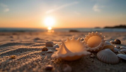 Obraz premium Sunset Seashells on Sandy Beach: Golden Hour Serenity
