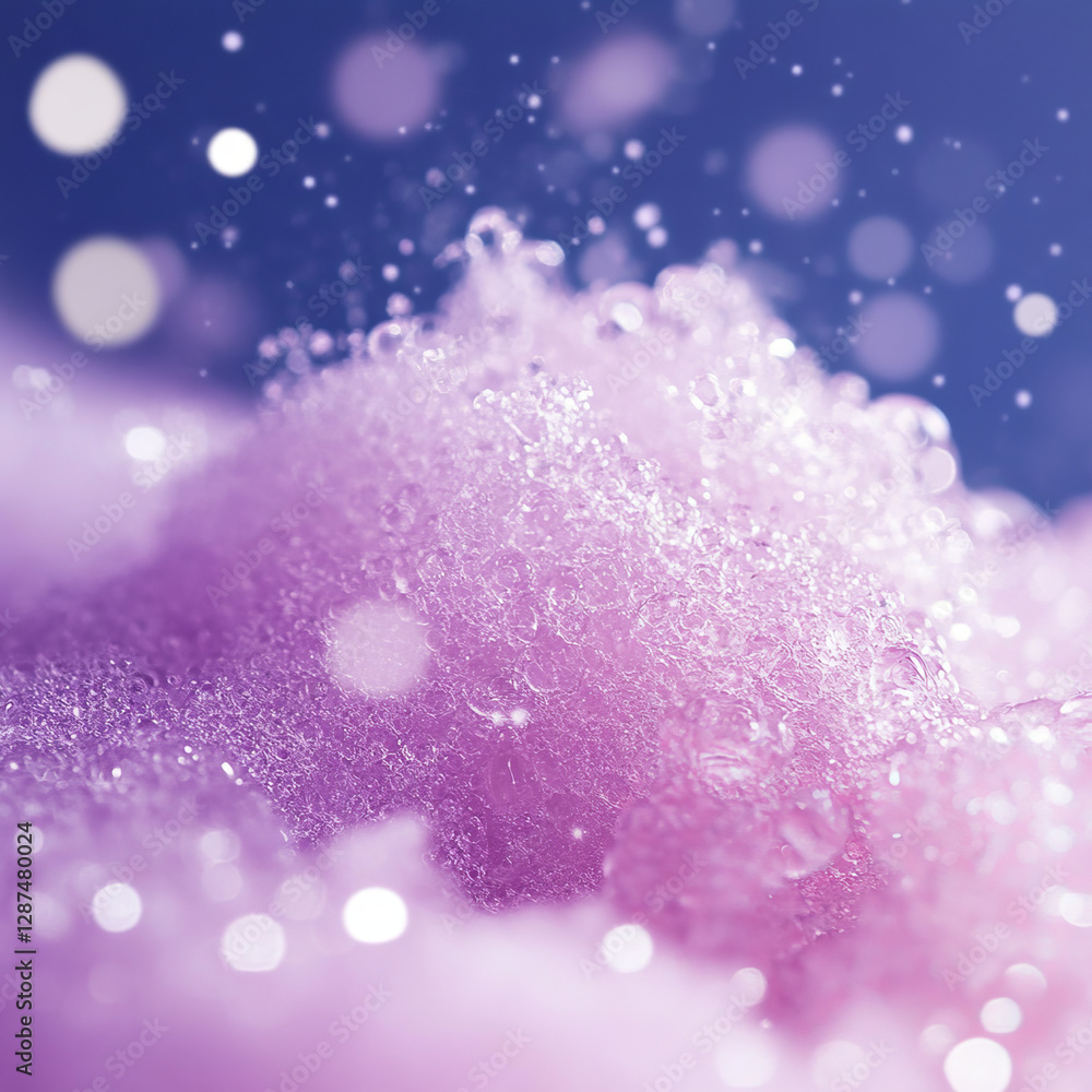 Poster bubbles in soft purple foam create dreamy atmosphere with sparkles