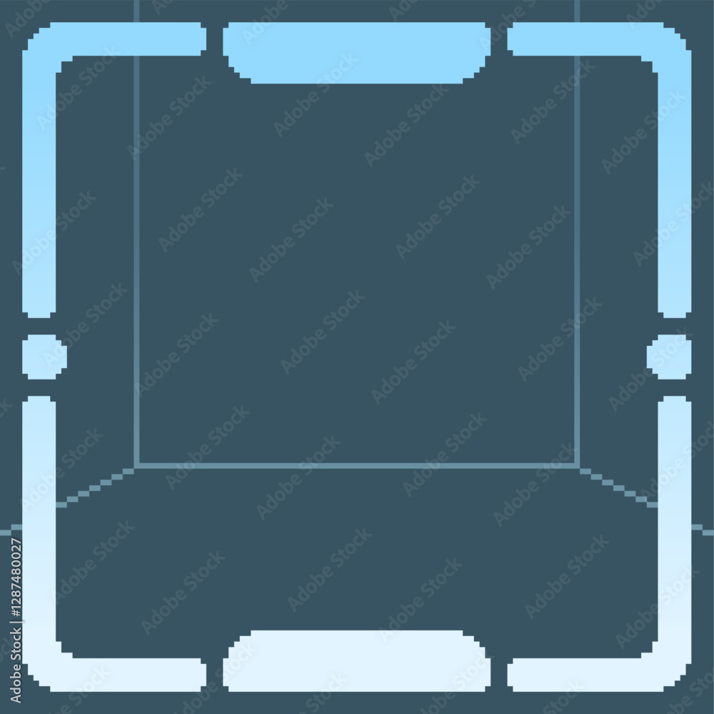Aufkleber blue blank cube room with hud frame superimposed template backgroune, pixel art style