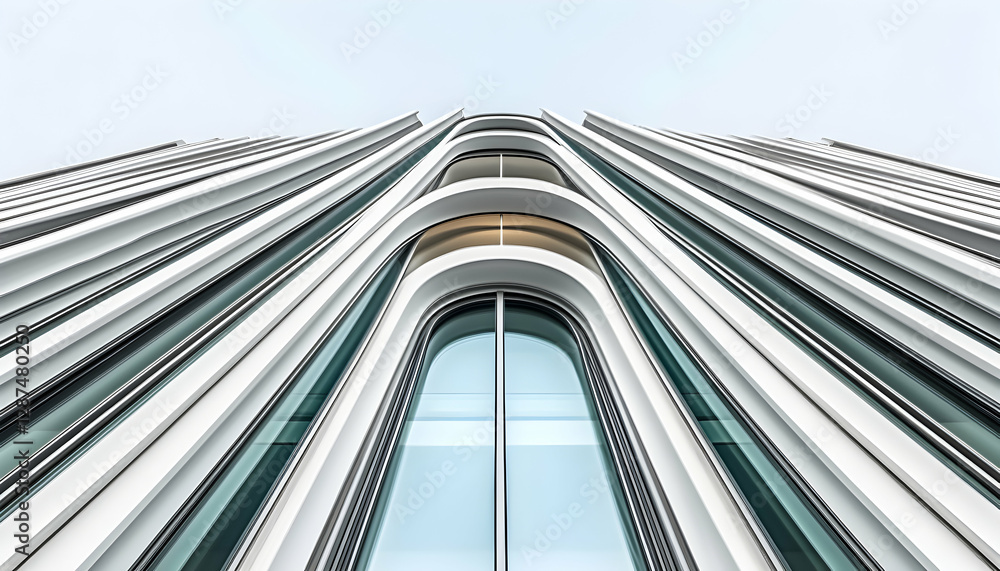 Poster striking low-angle view of a modern building's facade, showcasing its unique architectural design wi