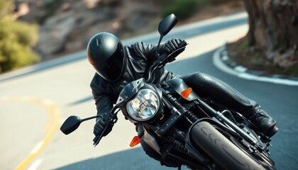 Experience the thrill of speed with this dynamic shot of a motorcycle rider leaning into a sharp turn. Dressed in full protective gear, this high-energy image captures the essence of adventure