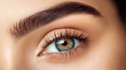 Close-up of a womans eye with long eyelashes, soft window light from left,