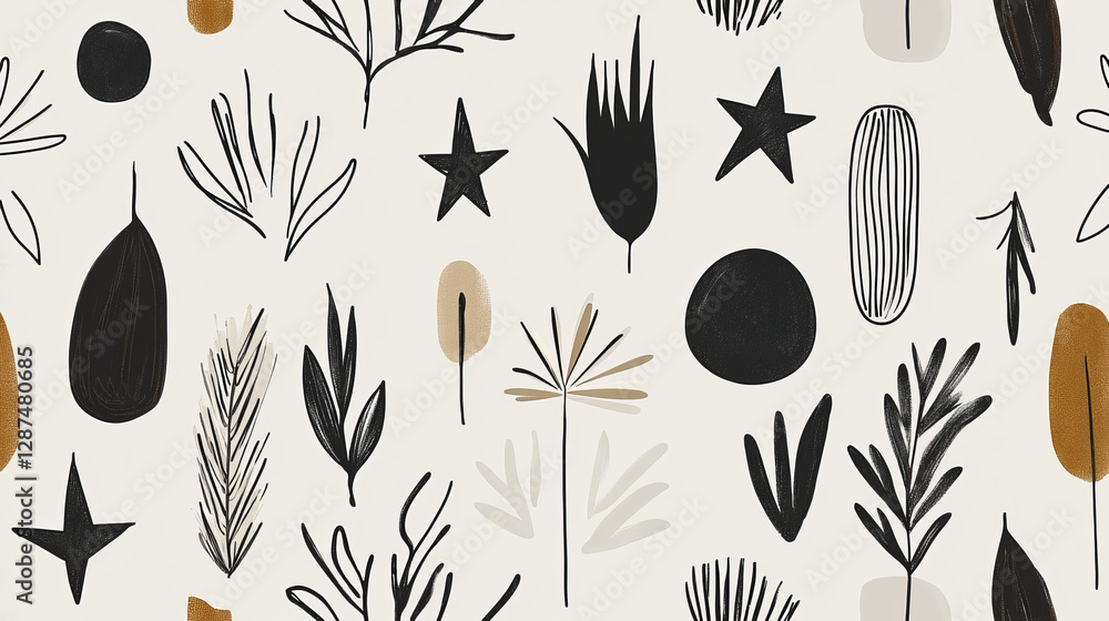 Poster stylish black and white botanical patterns with abstract shapes and colors