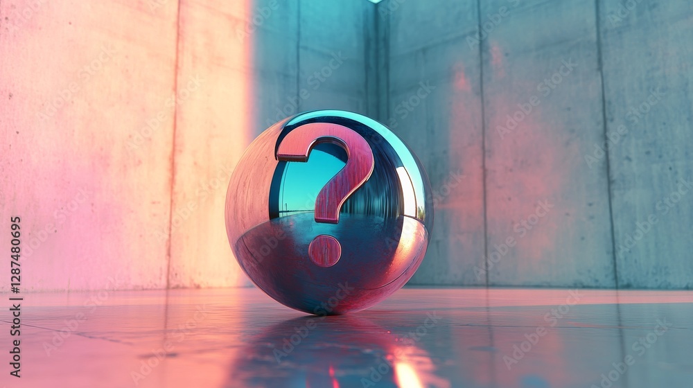 Poster reflective metal sphere with question mark in concrete room bathed in colorful light, abstract and f