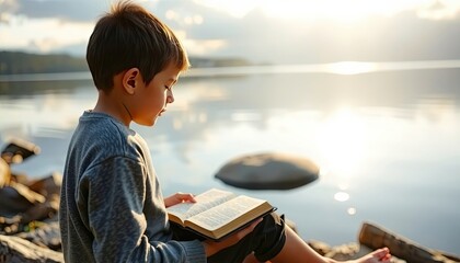 Christian Worship in Nature Christian Worship in Nature Boy Reading a Book by the Calm Lake During Sunset in a Serene Natural Setting with Reflections and Soft Light