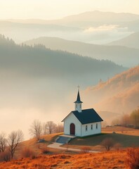 Christian Worship in Nature Christian Worship in Nature Serene Church Surrounded by Foggy Mountains at Dawn with Warm Autumn Light and Colorful Foliage