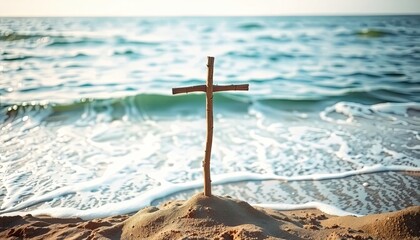 Christian Worship in Nature Christian Worship in Nature Wooden Cross on Sandy Beach with Gentle Waves and Serene Ocean View Under Bright Blue Sky