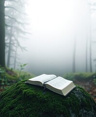 Christian Worship in Nature Christian Worship in Nature Open Book Resting on Mossy Rock in Misty Forest Creating a Serene and Tranquil Atmosphere for Nature Lovers