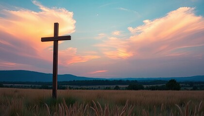 Christian Worship in Nature Christian Worship in Nature Serene Sunset Over Field with Wooden Cross Silhouette Against Colorful Sky and Mountains in Background
