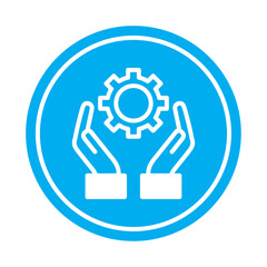 Vector Icon of Hands Holding a Gear Inside a Blue Circle Representing Technical Support and System Management