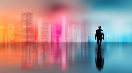 Silhouette of Figure Against Abstract Cityscape with Vibrant Colors
