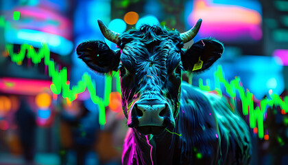 Dynamic stock market trends featuring a cow urban cityscape digital artwork nighttime close-up financial concept