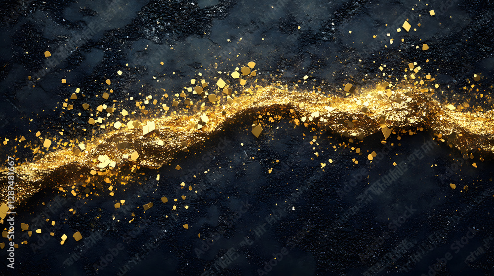 Poster gold particles scattered on a black background creating a shimmering texture