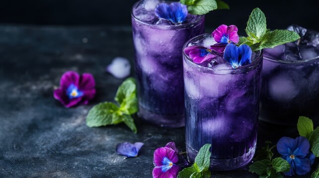 Iced purple drinks garnished with pansies and mint. Perfect for menus, blogs, or articles about unique cocktails.