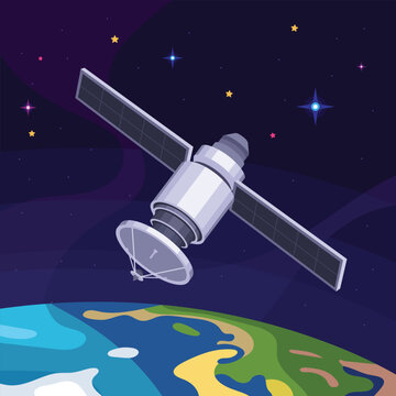 A detailed illustration of a satelite floating in space, above the earth, surrounded by a starry sky and celestial elements.  