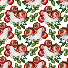 Seamless watercolor pattern with red tomatoes, basil, and a gravy boat with tomato sauce. Perfect for packaging, textiles, culinary design, and background solutions.
