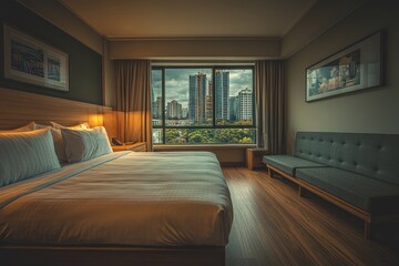 Modern hotel room with large window overlooking cityscape during day