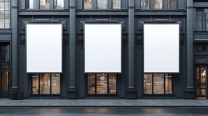 Vertical blank banners on dark grey building facade design, mock up on street Outdoor banners template on side of shop exterior. Three signs hanging, Store flags 32k image