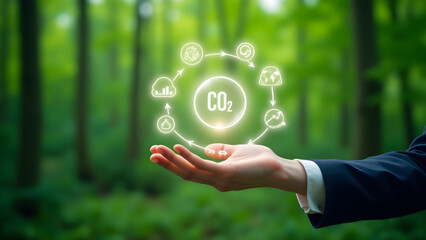 A hand in a suit holding a glowing CO2 reduction hologram with eco icons, set against a blurred green forest background, symbolizing sustainability and climate action.